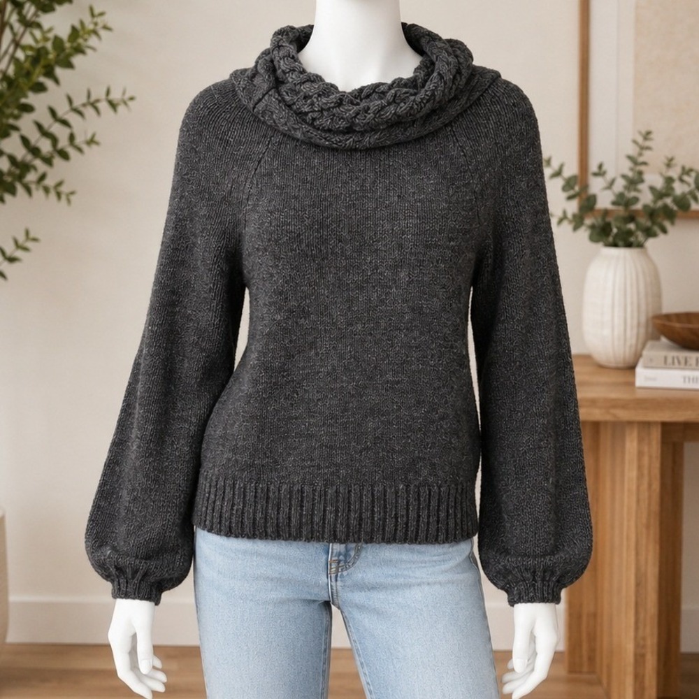 Bebe Womens Sweater Charcoal Grey Cowl Neck Cable Knit Chunky Small